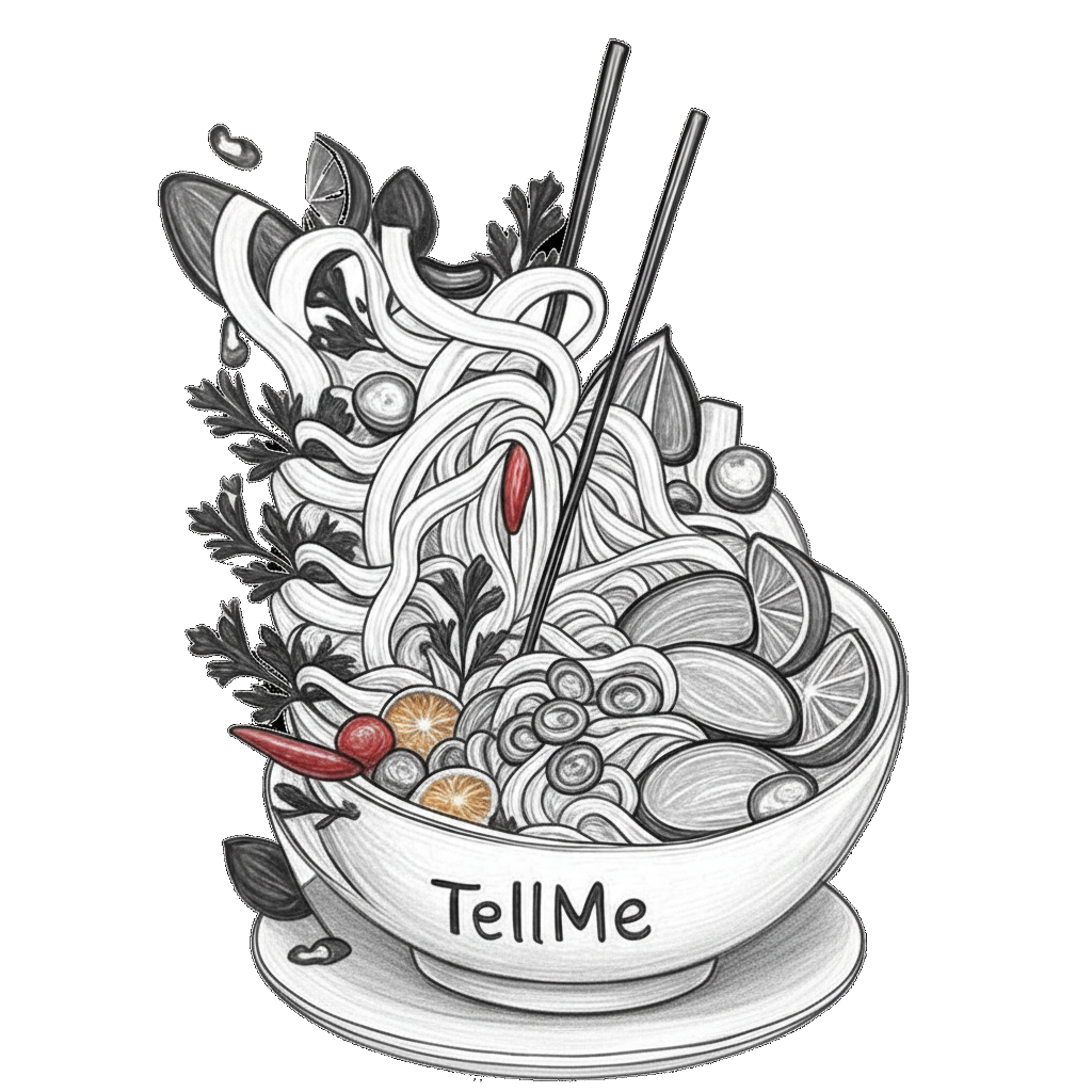 Vietnamese pho bowl with TellMe feedback interface showing positive customer reviews